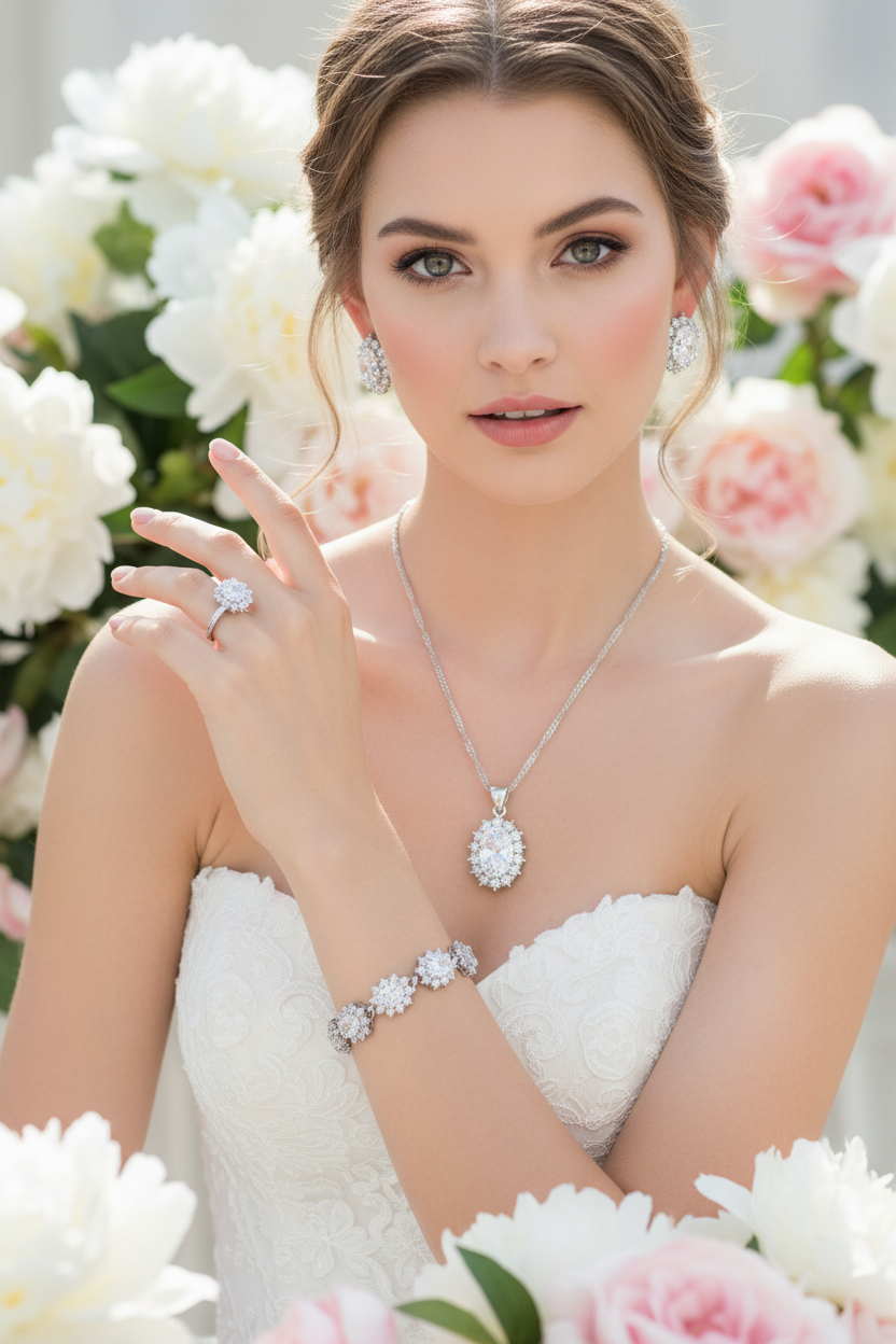 Women’s bridal jewelry set with oval zirconia necklace, ring, and bracelet
