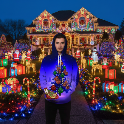 Christmas 3D Digital Print Casual Loose Fit Hooded Pullover Sweatshirt