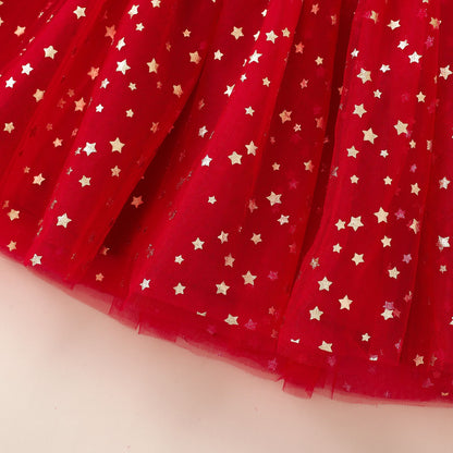 Christmas Children's Autumn Red Silver Fox Velvet Long Sleeve Mesh Princess Dress