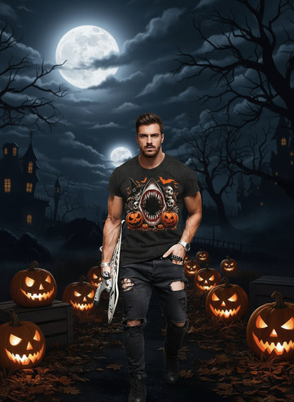 Men's Casual Polyester Round Neck T-shirt With 3D Shark And Halloween Pumpkin Fitted Knit Fabric, Slightly Elastic