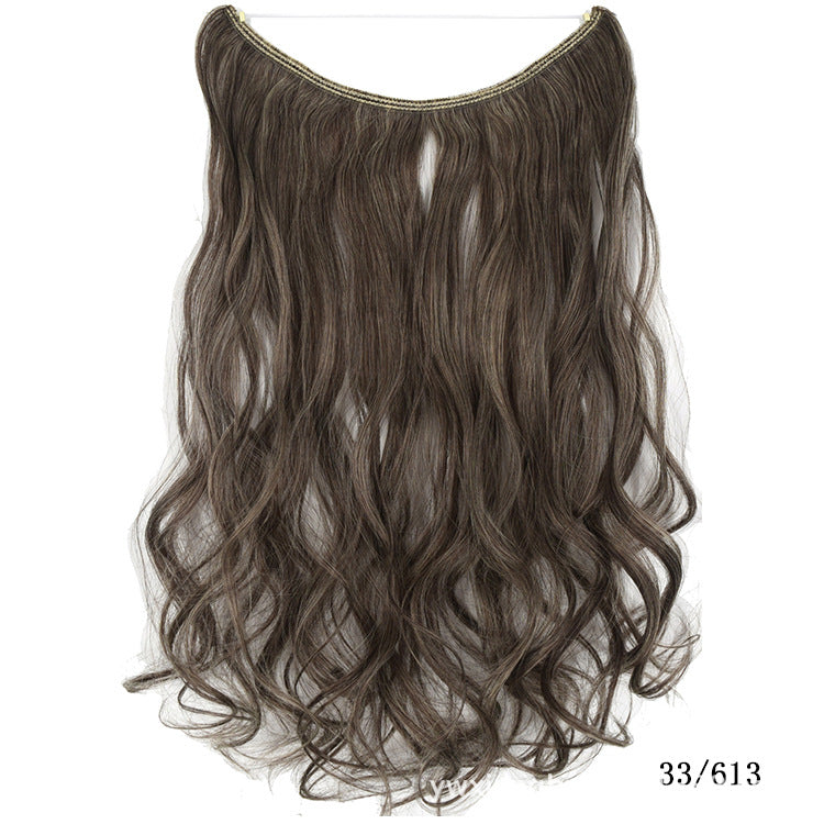 Seamless one-piece hair extension wig with wavy dark gray hair, no visible part