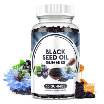 Black seed oil gummies supplement bottle with 60 gummies label and gummy shapes