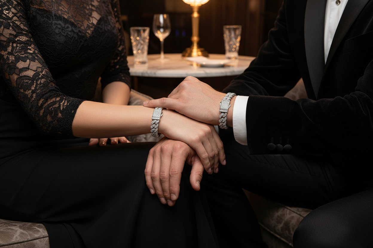 Silver diamond-style bracelet on a wrist resting on a partner’s hand
