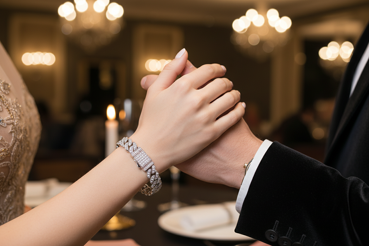 Silver diamond bracelet with repeating linked stones on raised hands