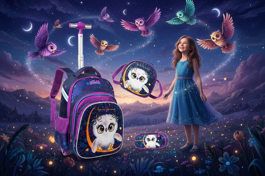 Purple astronaut penguin children's trolley backpack set (3-piece) with front pocket