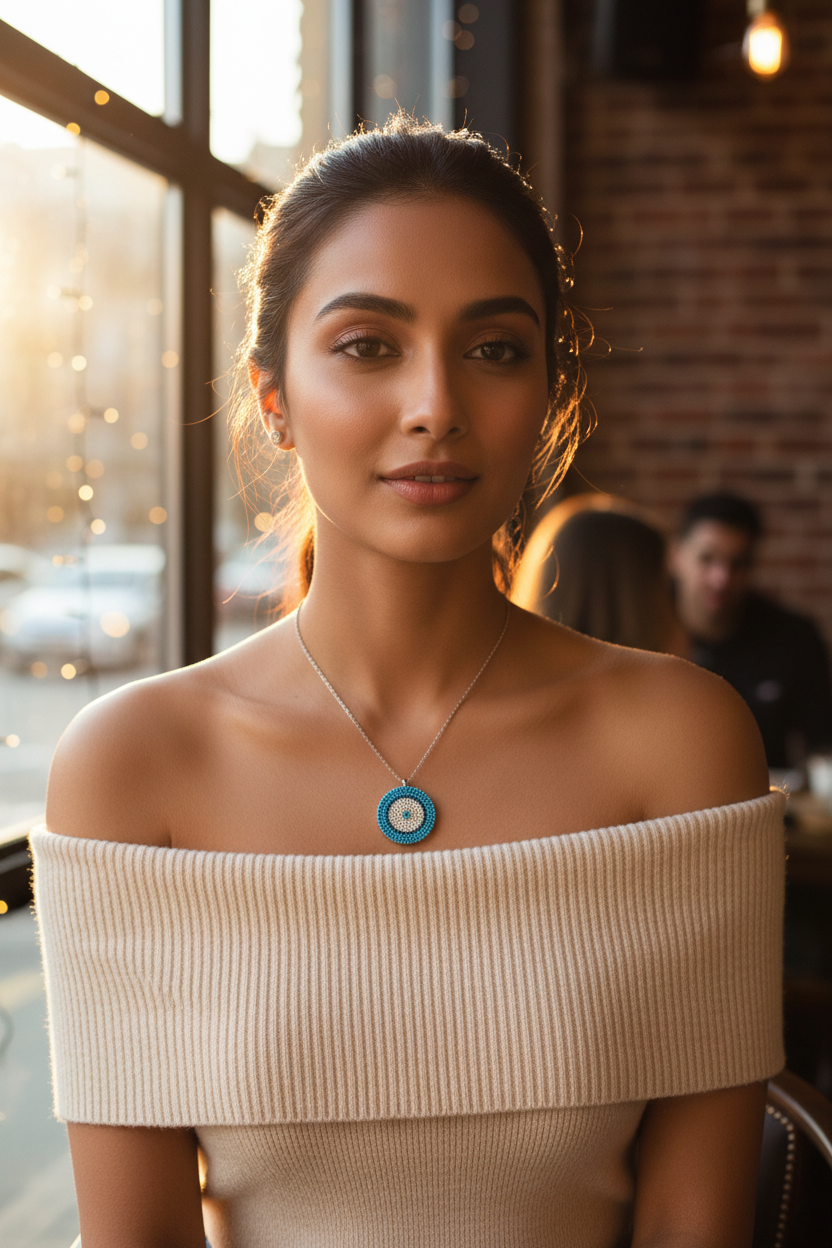 Turquoise evil-eye sweater chain necklace with round pendant at neckline