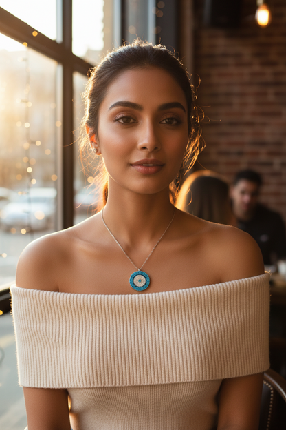 Turquoise evil-eye sweater chain necklace with round pendant at neckline