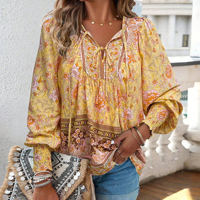 Women's Boho Chic Long Sleeve Blouse Floral Print V-Neck Top With Lace-Up & Drawstring Detail Elegant Vacation Shirt