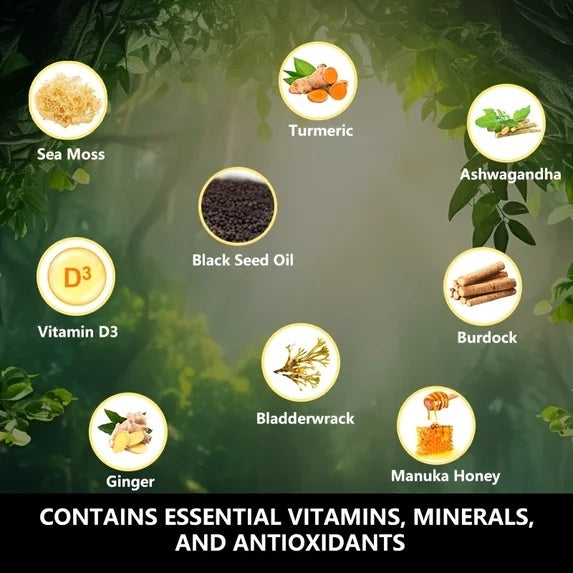 Supplement ingredient icons panel: sea moss, turmeric, ashwagandha, ginger, vitamin D3