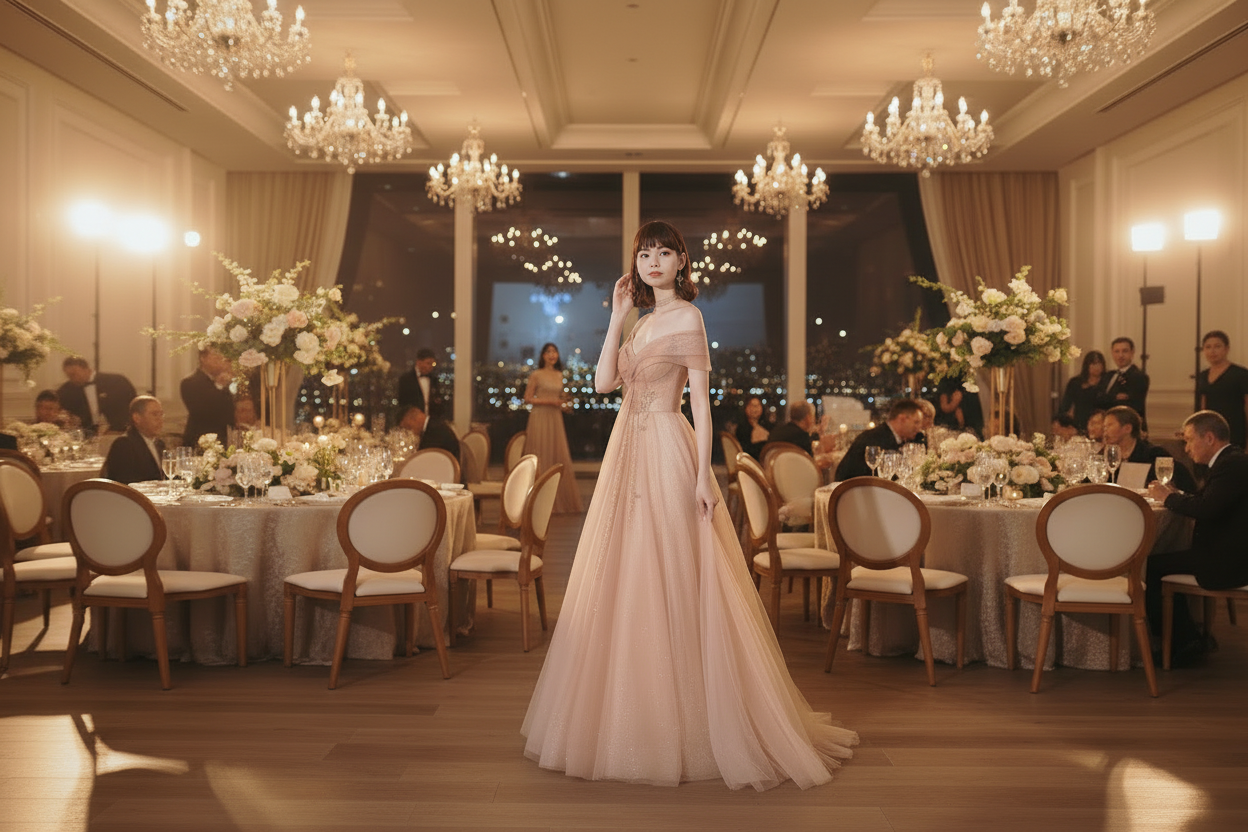 Pink one-shoulder tulle bridesmaid dress with fitted bodice and floor-length skirt