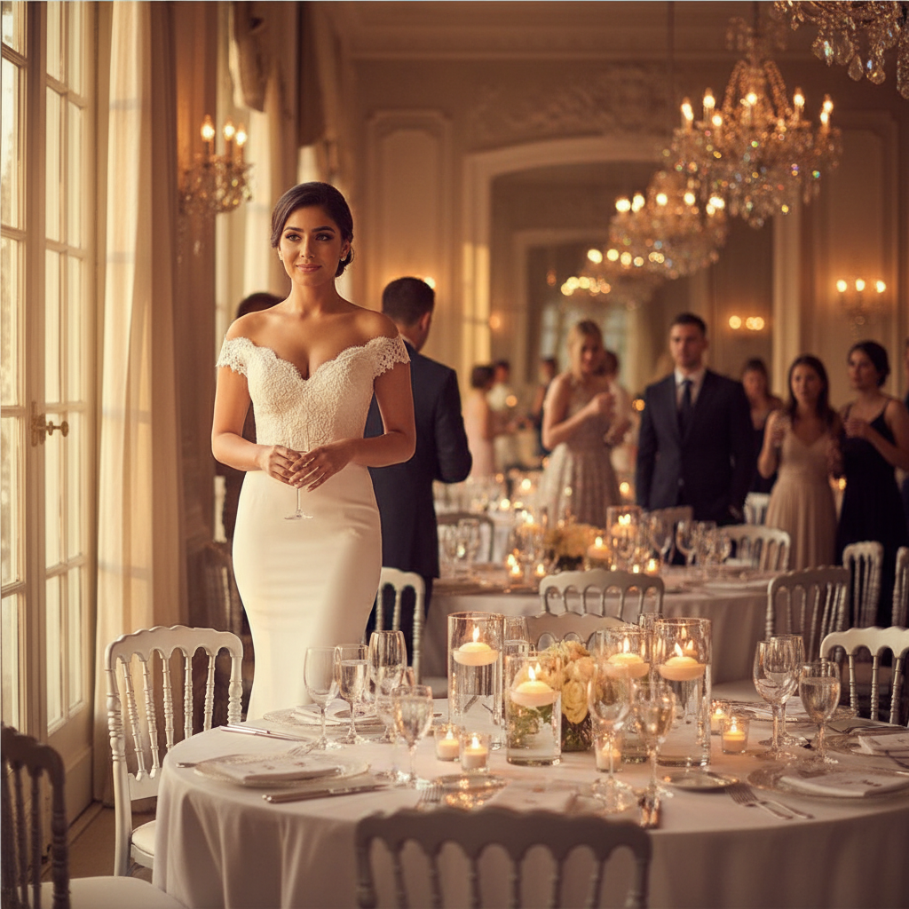 White long evening dress with lace off-shoulder neckline and fitted waist to hem