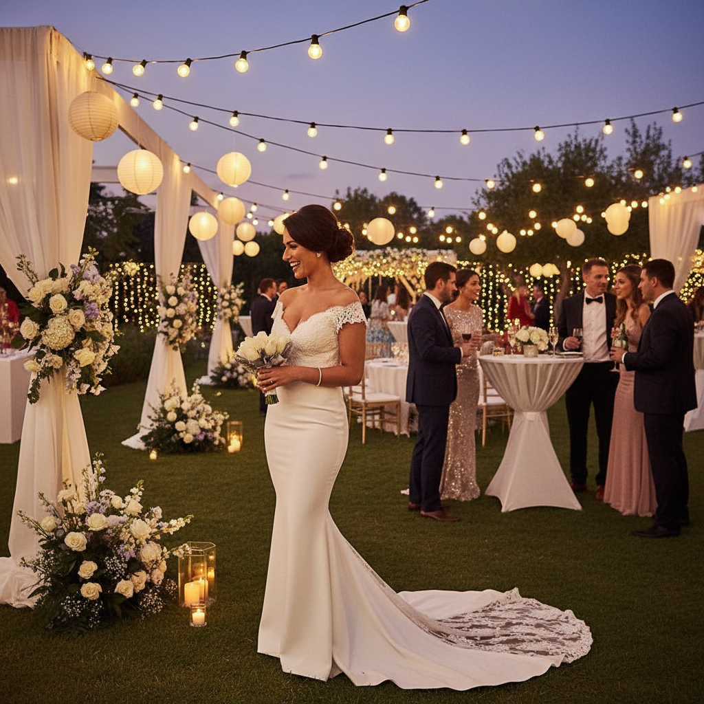 White long mermaid evening dress with lace off-shoulder bodice and flowing train