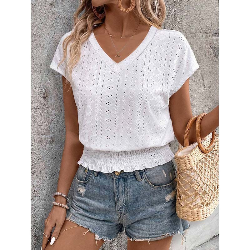 Women Summer Eyelet Top Casual V Neck Short Sleeve Smocked Shirts Loose Tunic Tops Blouses