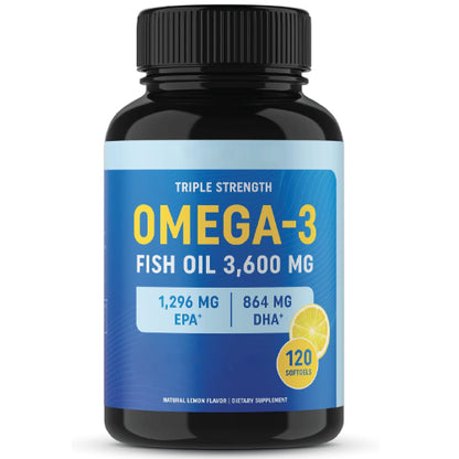 Omega-3 fish oil 3,600 mg bottle with black cap and blue front label
