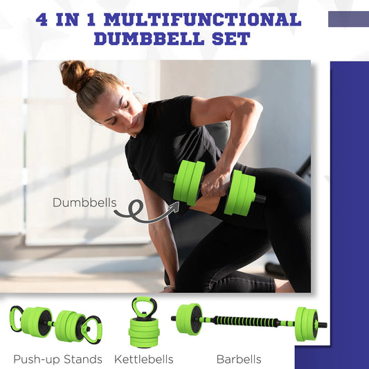 Green 4-in-1 adjustable weight set: dumbbell, barbell, kettlebell, push-up stand