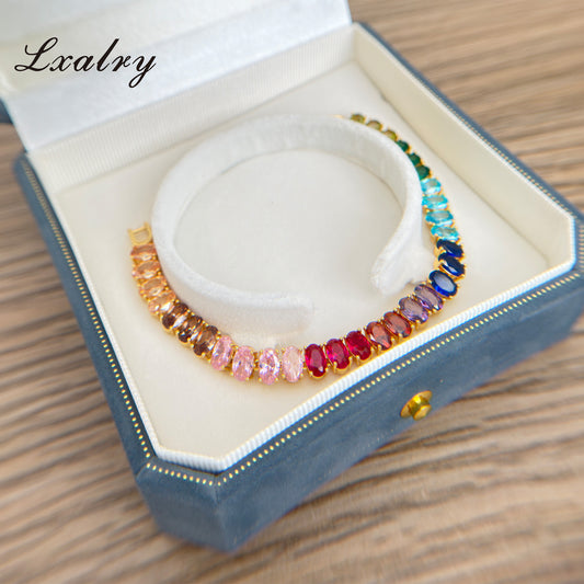 Lxalry 18K Gold Plircon Bracelet - Colorful Gem Tennis Chain For Gifting & Everyday Glam - Non-Tarnish, Hypoallergenic, Y2K Trending Jewelry