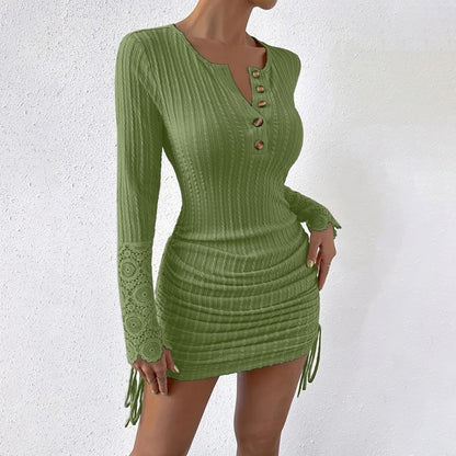 Women's Elegant Bodycon Dress - Round Neck With Button Detail, Solid Color Long Sleeve Lace Cuff & Drawstring Hem Holiday Dress