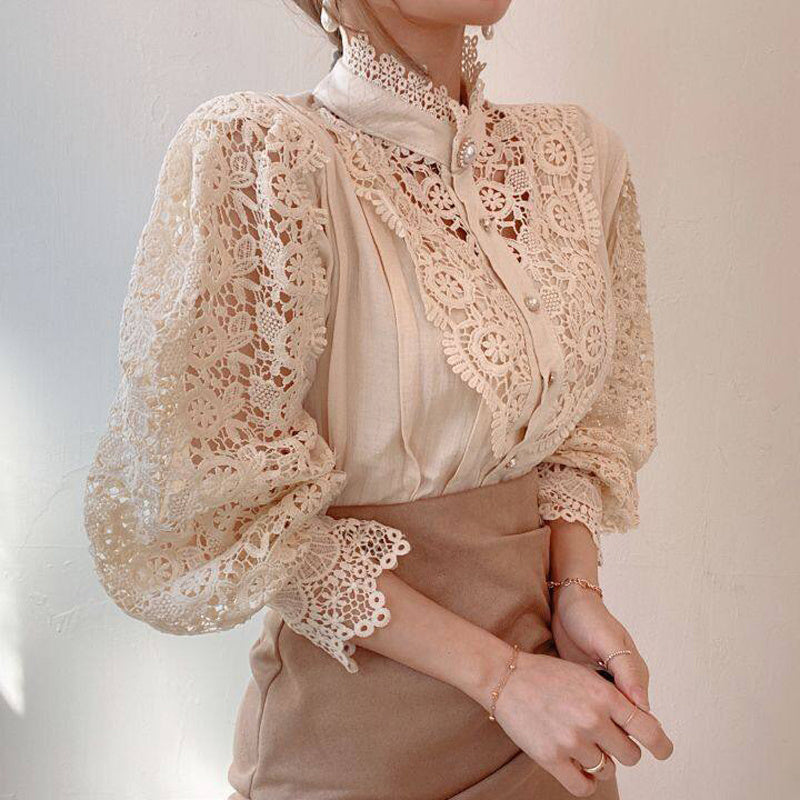 Elegant Women's Vintage Pearl Button Lace Blouse - Puff Sleeve Semi-Sheer Ruffled Stand Collar Shirt