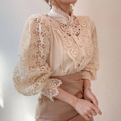 Elegant Women's Vintage Pearl Button Lace Blouse - Puff Sleeve Semi-Sheer Ruffled Stand Collar Shirt