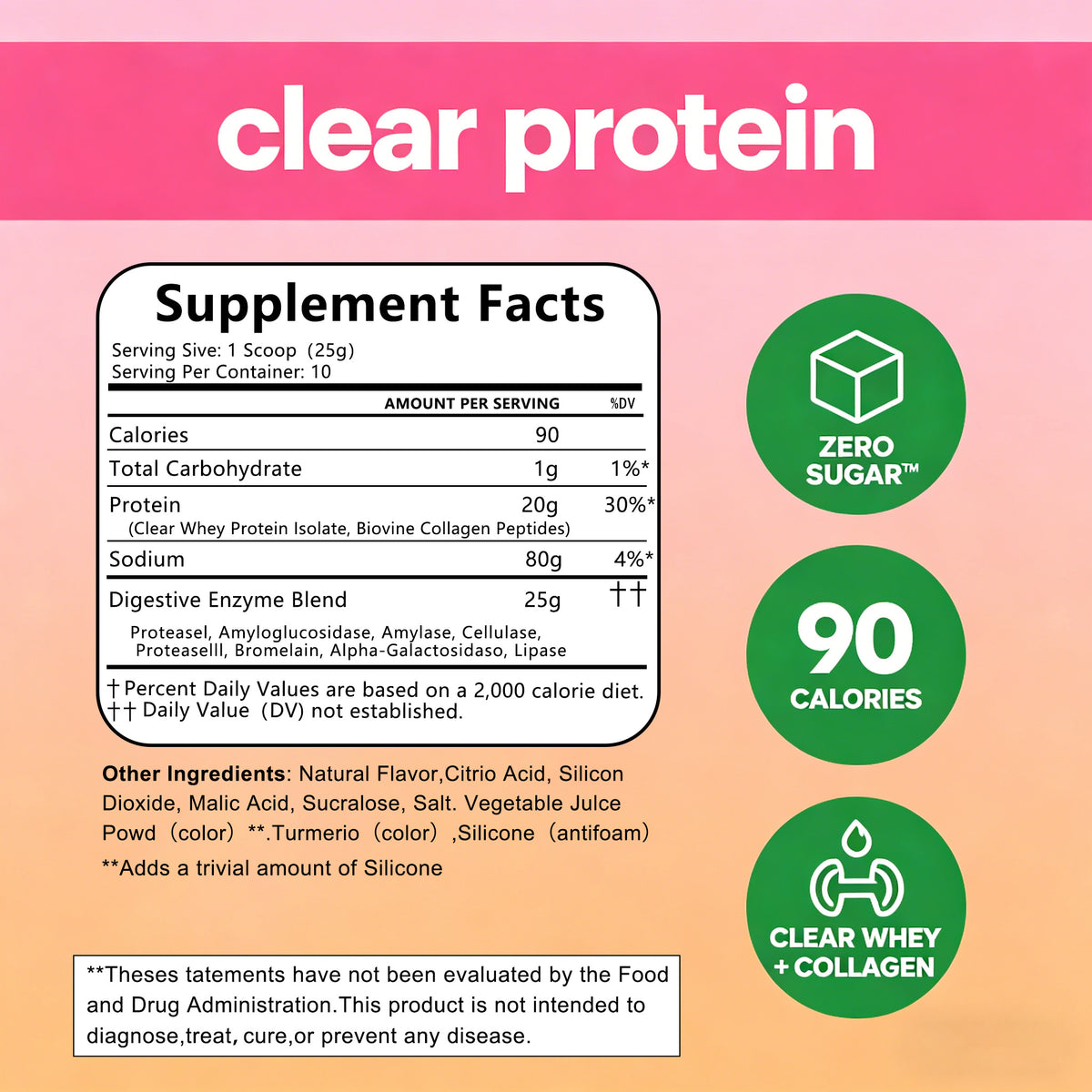 Supplement facts panel for WINYEL clear protein collagen peptides, zero sugar