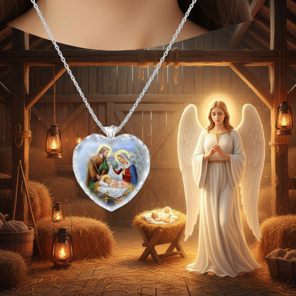 Heart-shaped crystal pendant necklace with nativity scene, large heart charm