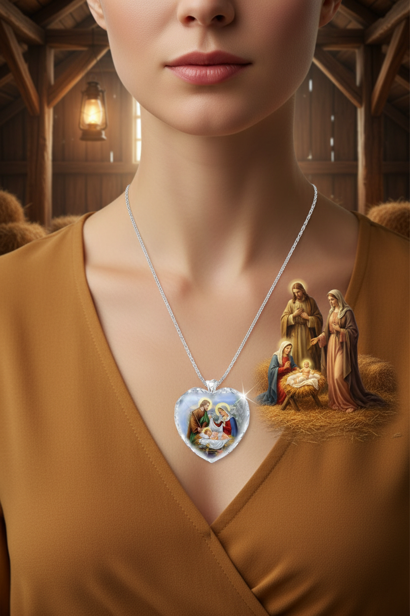 Heart-shaped crystal pendant necklace with nativity scene charm on silver chain
