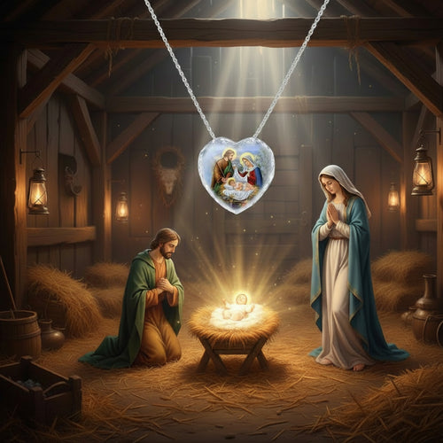 Heart-shaped crystal pendant necklace with silver chain and nativity scene charm