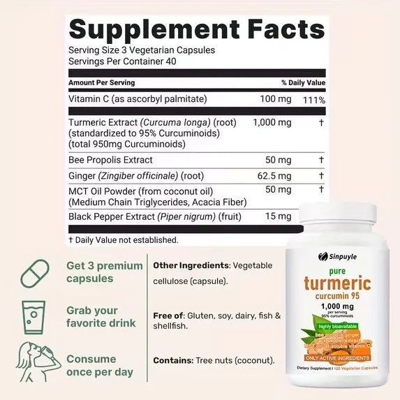 Turmeric supplement bottle with Supplement Facts panel and 1,000 mg curcumin 95