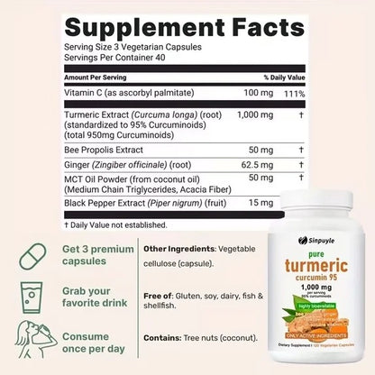 Turmeric supplement bottle with Supplement Facts panel and 1,000 mg curcumin 95