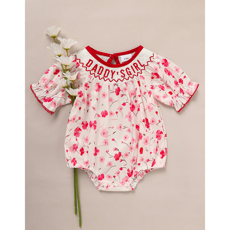 Infant Floral Smocked Romper 'DADDY'S Girl' Embroidery Short Sleeve Crew Neck Adorable Princess Party Bodysuit