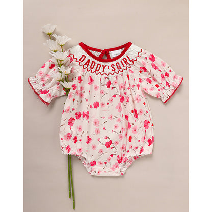 Infant Floral Smocked Romper 'DADDY'S Girl' Embroidery Short Sleeve Crew Neck Adorable Princess Party Bodysuit