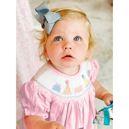 Infant Girls' Cute Birthday Smocked Bubble Romper Short Sleeves Crew Neck Cartoon Embroidery Princess Party Bodysuit