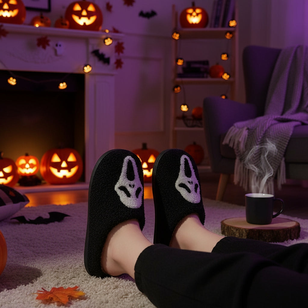 Halloween Skull Cartoon Print  Warm Winter, For Men Women Home Shoes Indoor Cotton Slippers