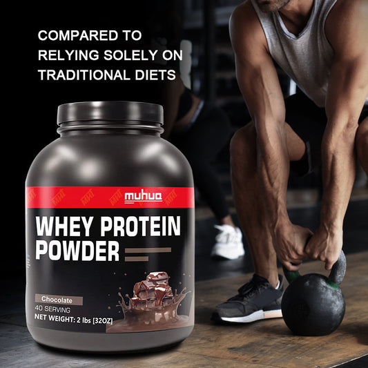Chocolate whey protein powder bottle with black cap and large front label