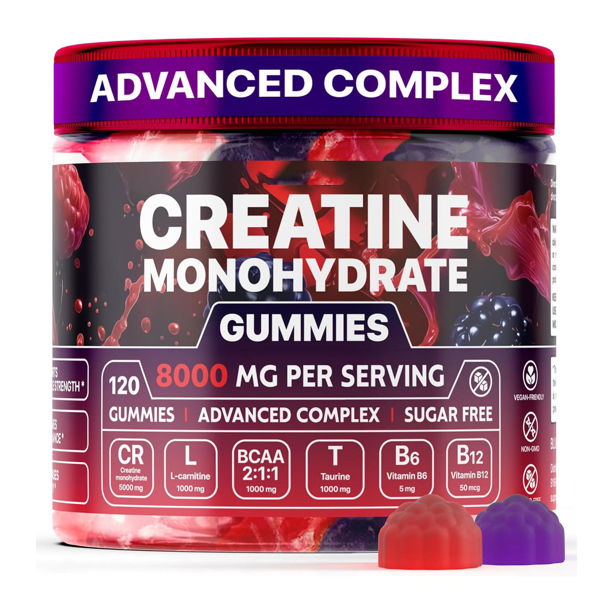 Creatine monohydrate gummy supplement jar with purple lid and fruit gummy pieces