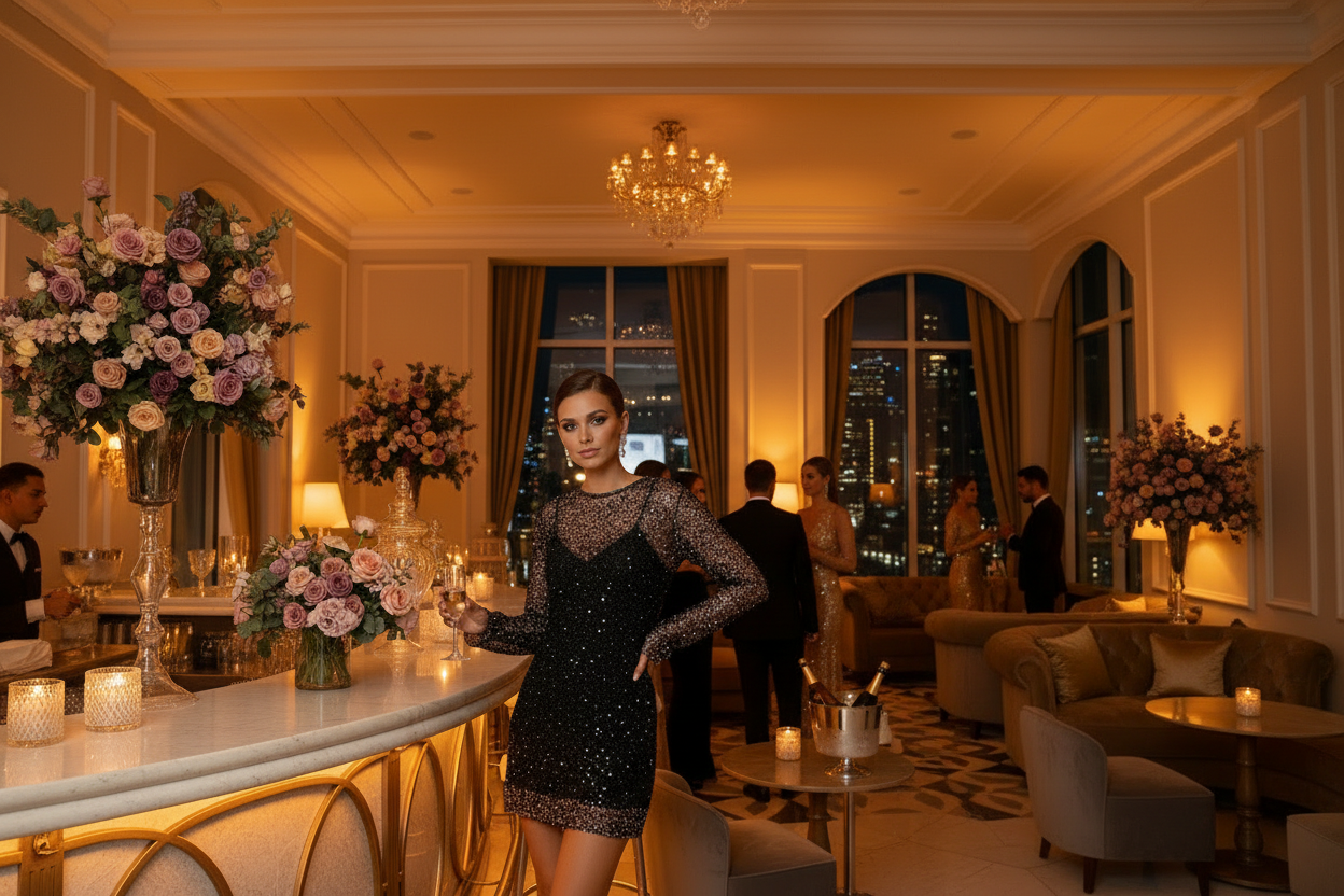 Dark see-through mesh sling two-piece dress with beaded sparkle, long sleeves, short hem