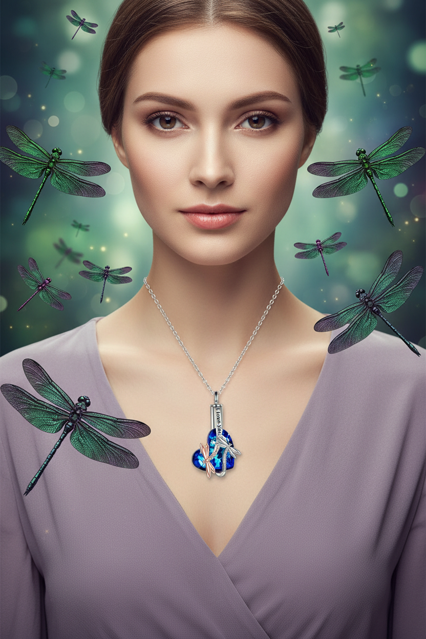 Silver chain necklace with blue crystal dragonfly urn pendant, on neckline close-up