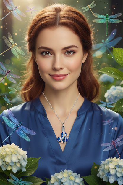 Silver chain necklace with blue crystal dragonfly urn pendant, close-up on upper chest