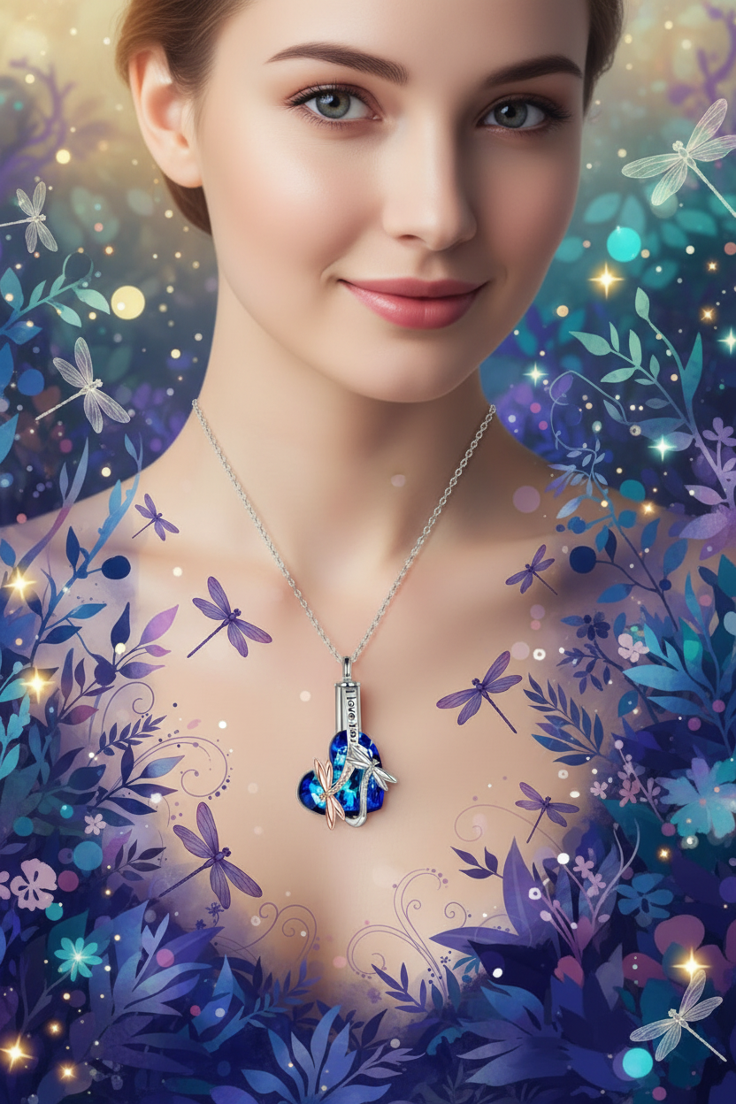 Silver chain necklace with blue crystal dragonfly urn pendant, front view on chest