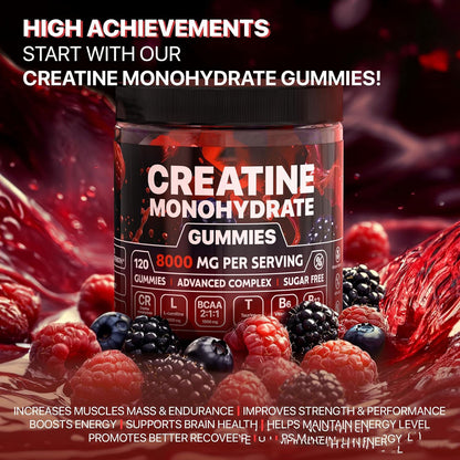 Creatine monohydrate gummy supplement jar with black label and fruit graphics