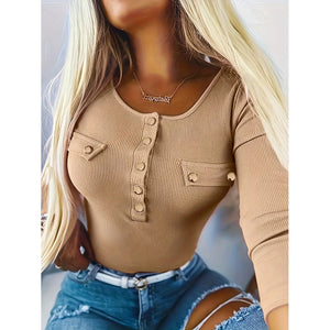 Women’s ribbed knit tunic shirt, khaki scoop neck with front button placket