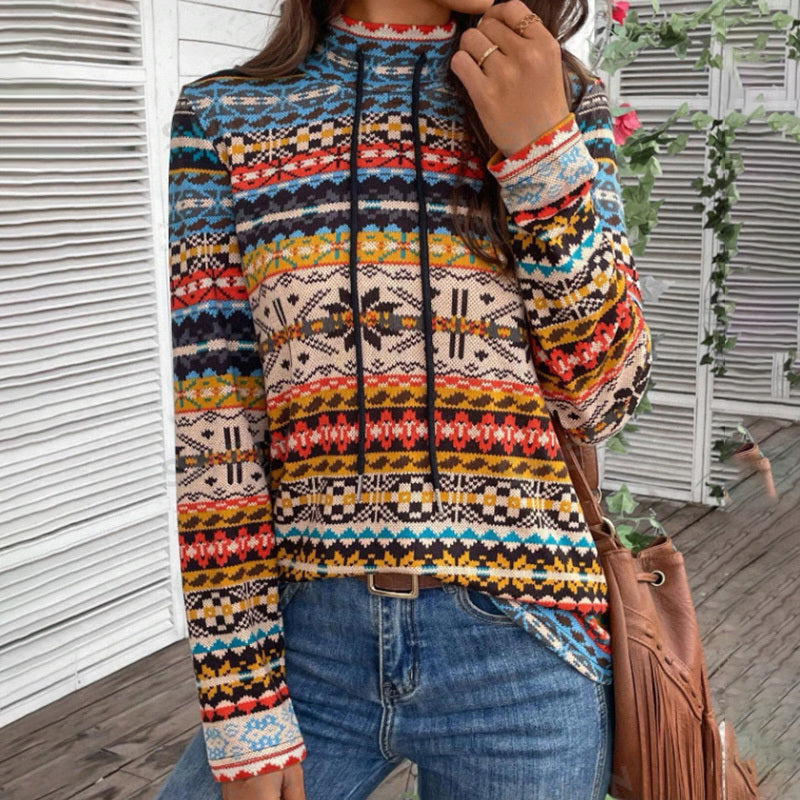Women's High Neck Geometric Print Long Sleeve Top With Tie Detail - Stylish Casual Blouse