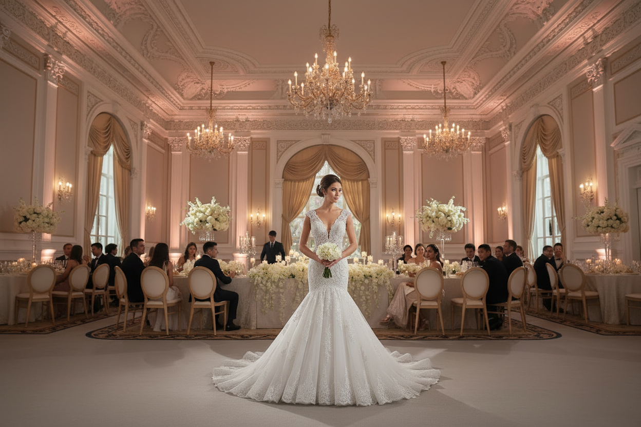 White lace mermaid wedding dress with fitted waist and full-length flowing train.