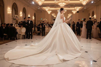 White satin princess wedding dress with draped skirt and long train, profile view