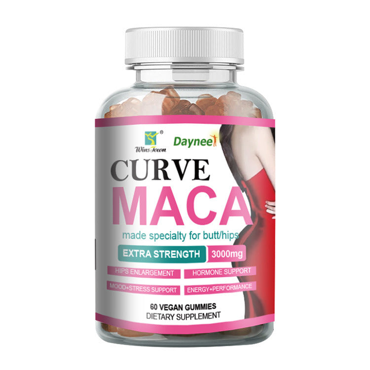 Gummy supplement bottle with brown gummies and white ribbed cap