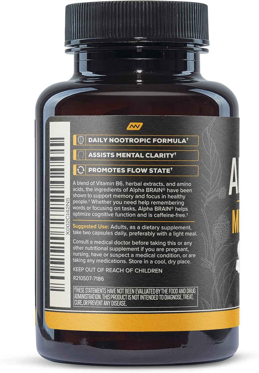 Alpha Brain Memory & Focus supplement bottle back label with barcode and directions
