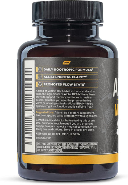 Alpha Brain Memory & Focus supplement bottle back label with barcode and directions