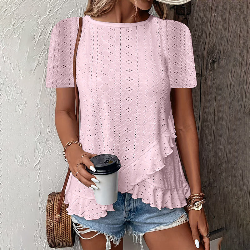 Women's Ruffle Hem Short Sleeve T-Shirt Casual Summer Crew Neck Blouses Top