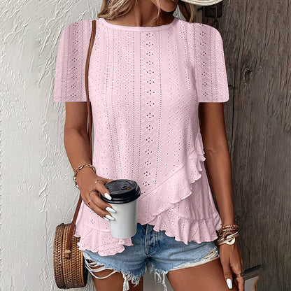 Women's Ruffle Hem Short Sleeve T-Shirt Casual Summer Crew Neck Blouses Top