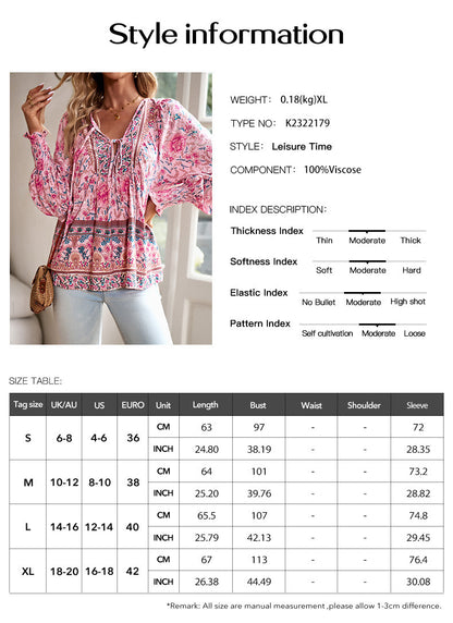 Women's Boho Chic Long Sleeve Blouse Floral Print V-Neck Top With Lace-Up & Drawstring Detail Elegant Vacation Shirt